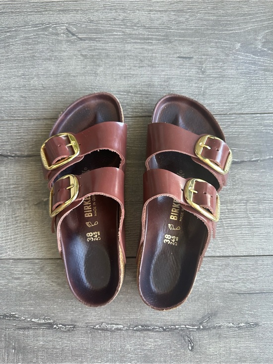 Birkenstock Shoes - Birkenstock Arizona Double-Strap Sandals in Chestnut Brown with Gold Buckles